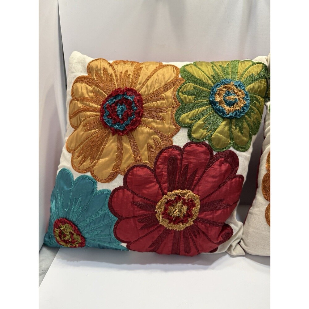 Pier 1 Imports Embroidered Floral Pillows 17x15 Boho Multicolor Embroidery Set 2 - Picture 2 of 11